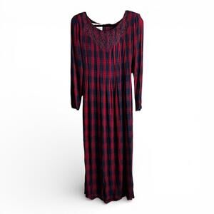 Vintage Red and Navy Plaid Dress with Long Sleeves & Embroidered Neckline